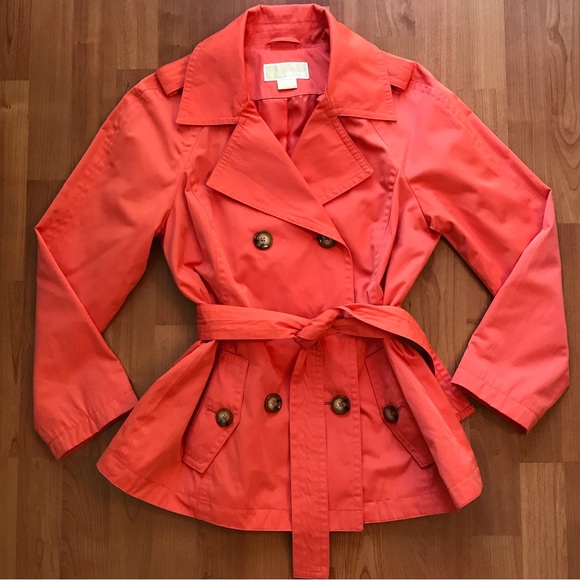 MICHAEL KORS | Coral Double Breasted Trench Rain Coat w/ Tie Belt Size Medium - Picture 6 of 13